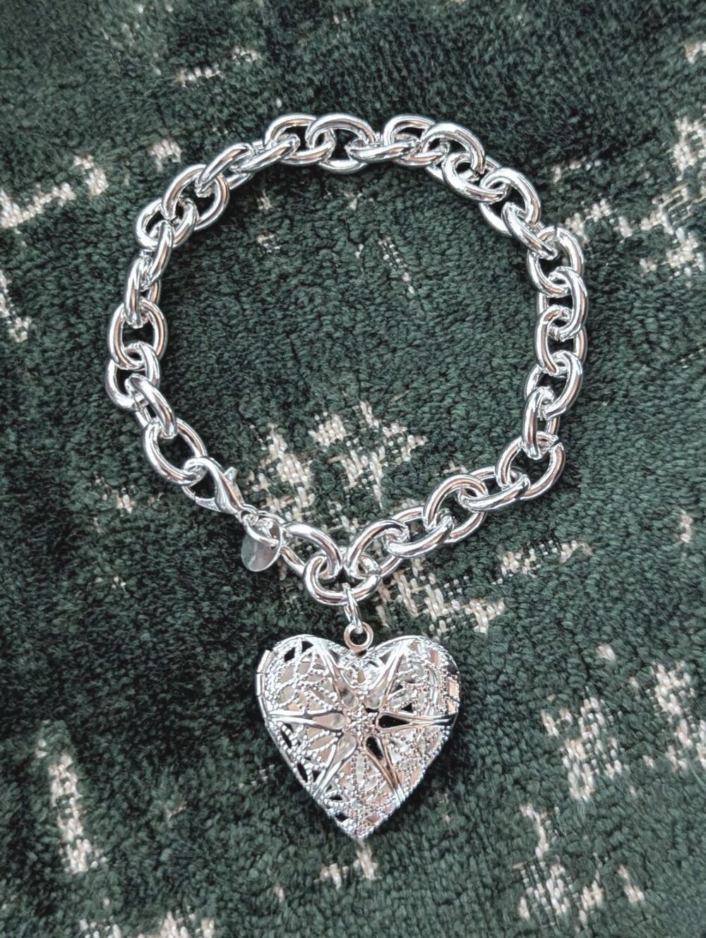 Silver 925 Filagree Heart Locket Charm Bracelet Adjustable Picture Plated